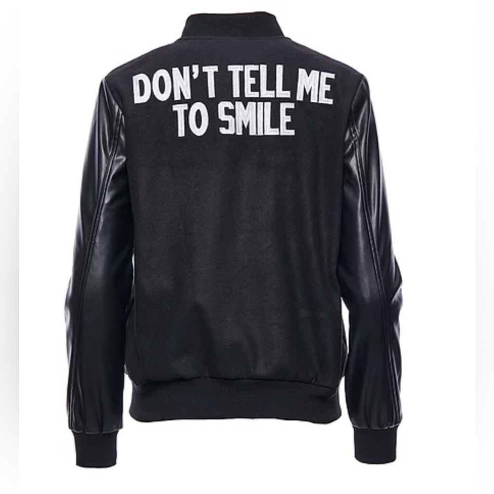 Hilary MacMillan Don’t Tell Me To Smile Varsity Bomber  Jacket Size Small